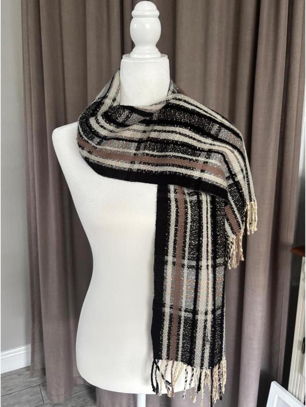 Plaid Textured Fringe Scarf Black Cream Taupe 90s Style